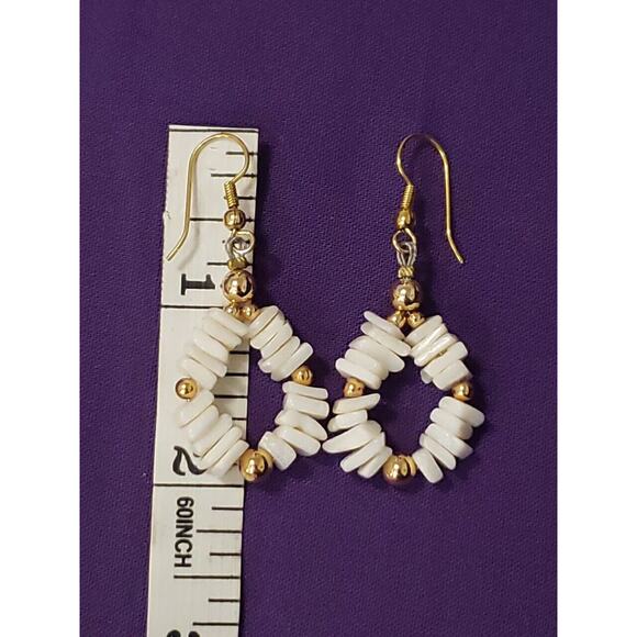Shell Chip Dangle Hoop Earrings, Bright White Polished Smooth, Gold Tone Accents - Picture 4 of 9